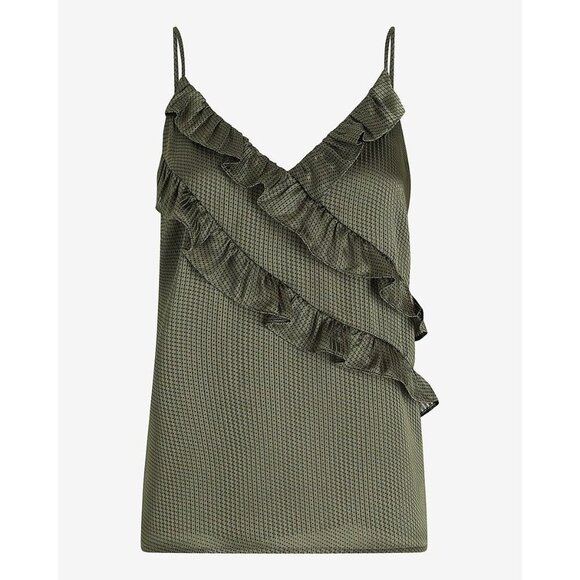 Express Women's Satin Downtown Cami Size XS Green V-Neck Ruffle Front NWT $48 - Picture 4 of 16